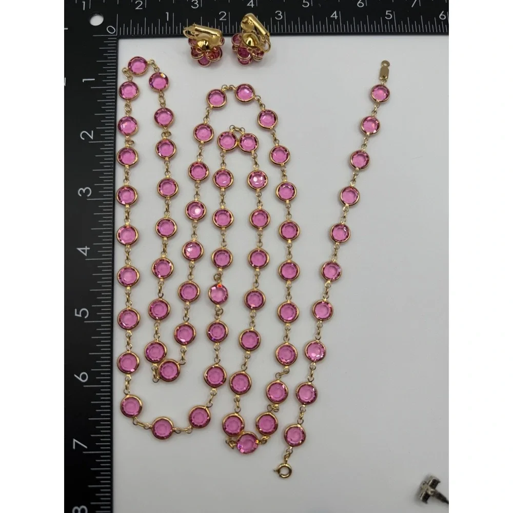 Vintage Pink Open Back Crystal‎ Necklace Clip On Earrings Bracelet Set Gold Tone